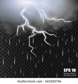 Storm and Lightning with rain and white cloud isolated on transparent background. Vector