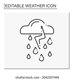 Storm line icon. Heavy rain with lightning and thunder. Thunderstorm with thunder clouds. Bad weather. Weather concept. Isolated vector illustration. Editable stroke