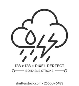 Ícone linear Storm. Previsão do tempo. Nuvem com pingos de chuva e raio. Tempestade. Condições climáticas adversas. Ilustração em linha fina. Símbolo de contorno. Desenho de contorno de vetor. Traçado editável