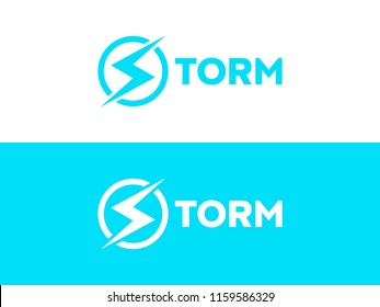 Storm logo concept. Letter S like lightning sign in circle with text. Energy and thunder electricity symbol concept. Lightning, electric power vector logo design element