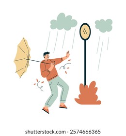 Storm with Man Character Struggle with Umbrella in Hurricane Vector Illustration