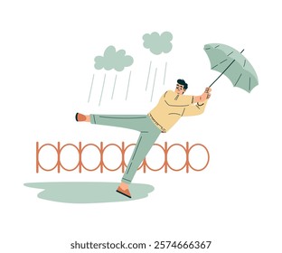 Storm with Man Character Struggle with Umbrella in Hurricane Vector Illustration