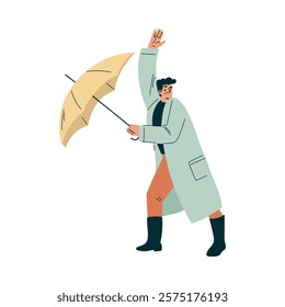 Storm with Man Character Struggle with Umbrella in Hurricane Vector Illustration