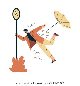 Storm with Man Character Struggle with Umbrella in Hurricane Hold Lamp Pole Vector Illustration