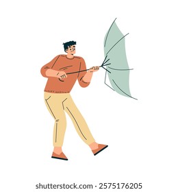 Storm with Man Character Struggle with Umbrella in Hurricane Vector Illustration