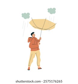 Storm with Man Character Struggle with Umbrella in Hurricane Vector Illustration