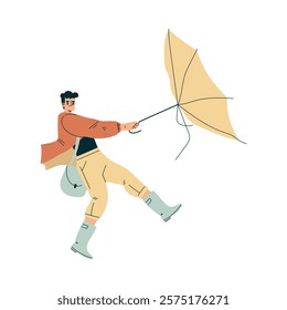 Storm with Man Character Struggle with Umbrella in Hurricane Vector Illustration