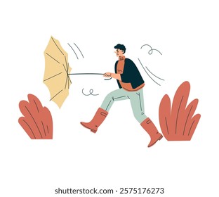 Storm with Man Character Struggle with Umbrella in Hurricane Vector Illustration