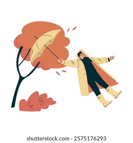 Storm with Man Character Struggle with Umbrella in Hurricane Vector Illustration