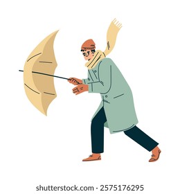 Storm with Man Character Struggle with Umbrella in Hurricane Vector Illustration