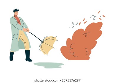 Storm with Man Character Struggle with Umbrella in Hurricane Vector Illustration