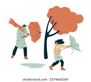 Storm with Man and Woman Character Struggle with Umbrella in Hurricane Vector Illustration