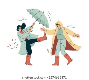 Storm with Man and Woman Character Struggle with Umbrella in Hurricane Vector Illustration