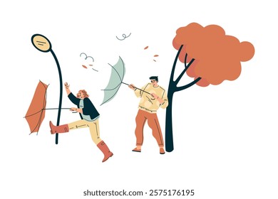 Storm with Man and Woman Character Struggle with Umbrella in Hurricane Vector Illustration