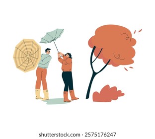 Storm with Man and Woman Character Struggle with Umbrella in Hurricane Vector Illustration