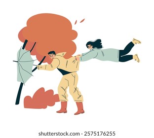 Storm with Man and Woman Character Struggle with Umbrella in Hurricane Vector Illustration