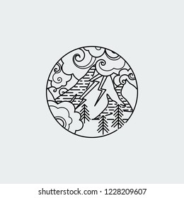 Storm mountains. Nature exploration vector vintage poster. Modern flat linear vector illustration. Retro wildlife postcard with lightning and forest