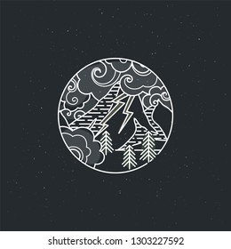 Storm mountains. Nature exploration vector vintage poster. Modern flat linear vector illustration. Retro wildlife postcard with lightning and forest