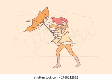 Storm, nature concept. Young unhappy angry woman girl cartoon character holding blowing umbrella on street. Autumn windy bad stormy weather with rain and gusting wind flat vector illustration.