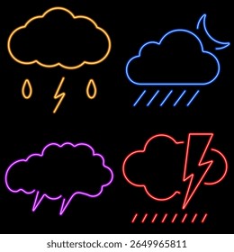 Storm-Neon-Symbolgruppe, Vektorgrafik auf schwarzem Hintergrund.