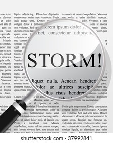 Storm newspaper headline seen through magnifier