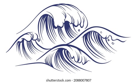 Storm ocean. Big sea waves. Tsunami symbol in sketch style