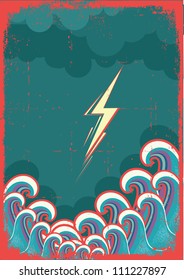 Storm in ocean with waves and lightning.Vector grunge image