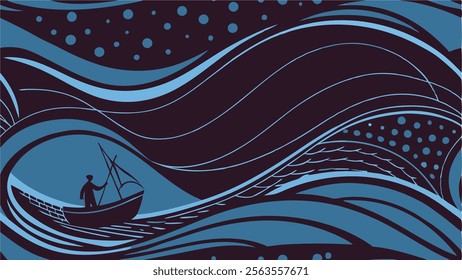 Storm ocean waves : silhouettes of man and boat with sails