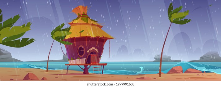 Storm on beach with hut or bungalow under rain, summer shack on tropical island seaside with ragging ocean waves and palm tree swing in the wind. Tropical shower landscape, Cartoon vector illustration