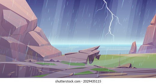 Storm on ocean rocky shore, rain shower falling, lightning sparkling in dull sky, deserted sea coastline with rocks around. Hurricane rage, nature disaster, stormy weather Cartoon vector illustration