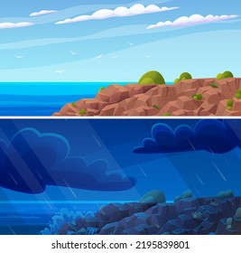 Storm On Ocean Rocky Shore, Rain Shower Falling. Rainy And Sunny Weather Landscape With Hills And River, Sea Coastline With Rocks Around. Set Of Natural Views Of Pond With Clear And Dark Sky