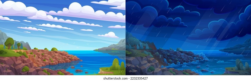 Storm on ocean rocky shore, rain shower falling. Rainy and sunny weather landscape with hills and river, Sea coastline with rocks around. Set of natural views of pond with clear and dark sky