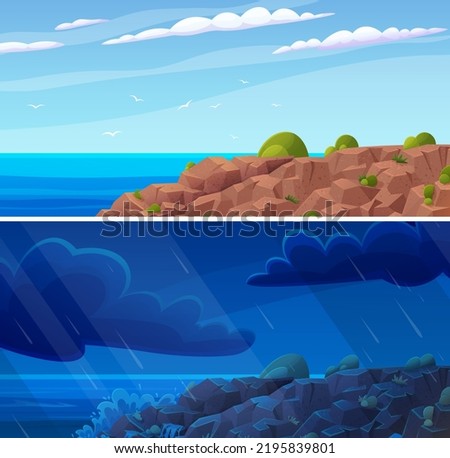 Storm on ocean rocky shore, rain shower falling. Rainy and sunny weather landscape with hills and river, Sea coastline with rocks around. Set of natural views of pond with clear and dark sky