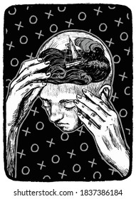 Sturm im Kopf einer Person. Handgezeichnete Vektorgrafik in einfarbigen Farben. Abstrakte retro-grafische Zeichnung einzeln auf Weiß. Einzelne Elemente für Designdrucke, T-Shirt, Poster, Dekor, Typografie.