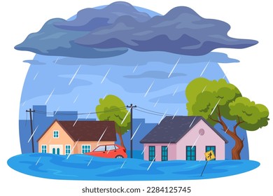 The storm is pouring. A natural disaster of a destructive large-scale nature. Destruction of human habitation. Vector illustration