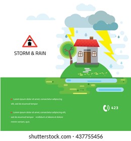 Storm and rain, House damaged by a fallen tree, vector illustration, no transparencies