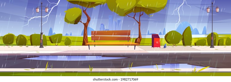 Storm with rain and lightning in city park with green trees and grass, wooden bench, puddles and town buildings on skyline. Vector cartoon summer landscape of empty public garden at rainy weather