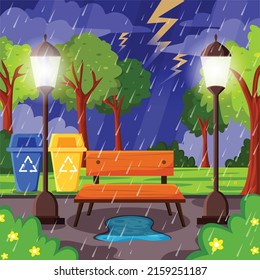 Storm with rain and lightning in city park with green trees and grass, wooden bench, puddles and town buildings on skyline. Vector cartoon summer landscape of empty public garden at rainy weather