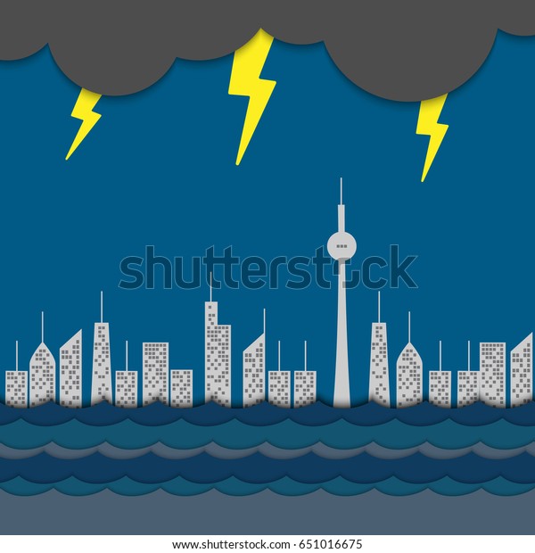 Storm and rain making flood\
disaster in big city full of sky high towers. Vector graphic\
design.