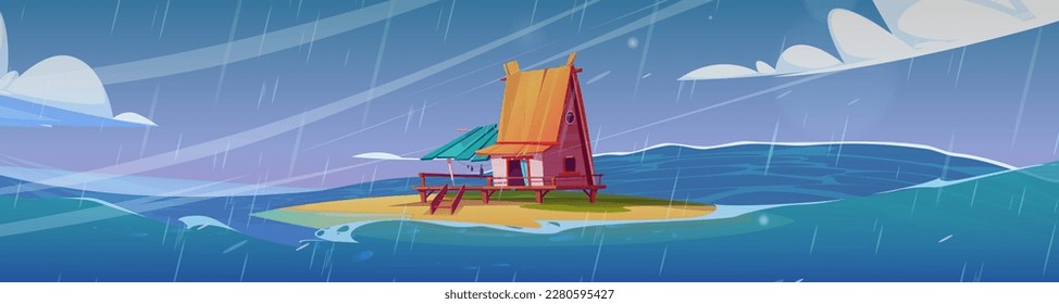 Sturm mit Regen, Wind und Wasserwellen im Meer mit der Insel. Tropische Landschaft mit Holzbungalow am Sandstrand bei Regenwetter, Vektorgrafik