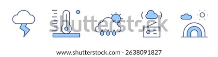 storm, rainy day, rainbow, high temperature, weather forecast. Weather forecast Icon vector illustration. Line Duotone style. Editable stroke.