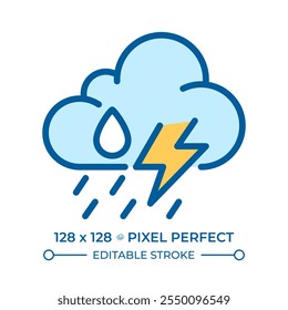 Storm RGB color icon. Weather forecast. Cloud with raindrops and lightning bolt. Thunderstorm. Severe weather conditions. Isolated vector illustration. Simple filled line drawing. Editable stroke