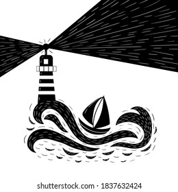 Storm at sea. A lighthouse shines on the ship in a storm. Black and white vector graphics