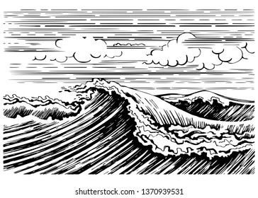  Storm sea wave graphic art black white landscape. Hand drawn sketch engraving imitation vector illustration. Design element.