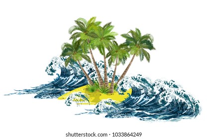 Storm sea waves breaking on small tropical island with coconut palms. Hand drawn vector illustration on white background.