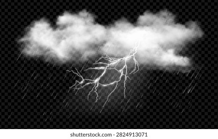 Storm sky with layered clouds in realistic style. Rain and lightning light breaking through atmosphere. Natural energy and movement. Vector cinematic game design and weather visualization