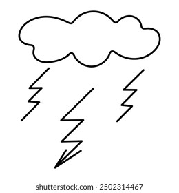 Storm. Sparkling lightning and arrow. Sketch. Vector illustration. The cloud releases an electrical discharge. Be careful of tension. Outline on isolated white background. Doodle style. Coloring book 