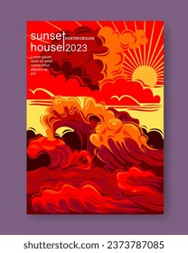 Storm, Sunset and ocean waves landscape. Flat design vector illustration. Backgrounds for poster, banner or flyer
