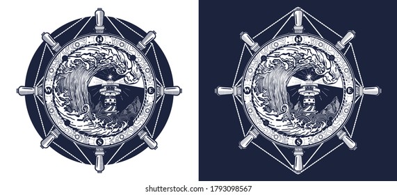 Storm tattoo art and t-shirt design. Steering wheel, lighthouse, compass and big wave. Sea adventure. Black and white vector graphics 