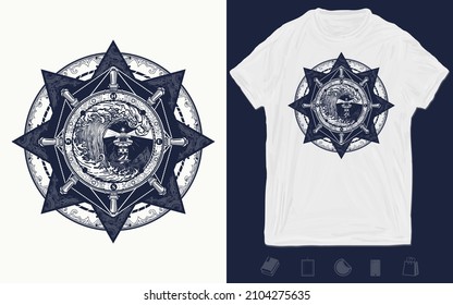 Storm tattoo art and t-shirt design. Steering wheel, lighthouse, compass. Searchlight tower for maritime navigational guidance. Ocean wave. Sea art. Vector graphics template. Hand drawn illustration 